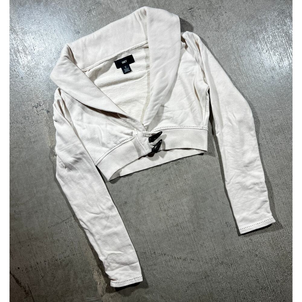 Vintage Y2K Obey Skull Cropped Jacket Women Medium Cream - Picture 3 of 7